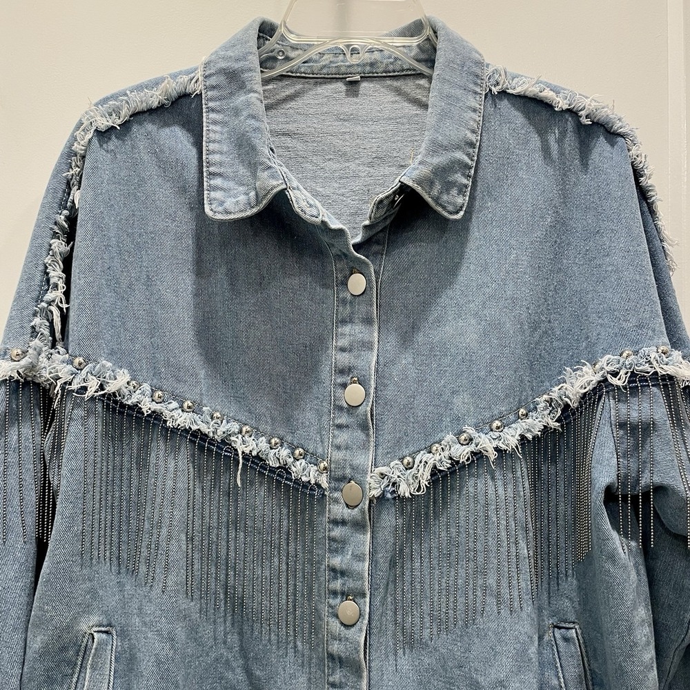 Womens Denim jacket Country Western Cowgirl XL Concert Festival Studded Fringe